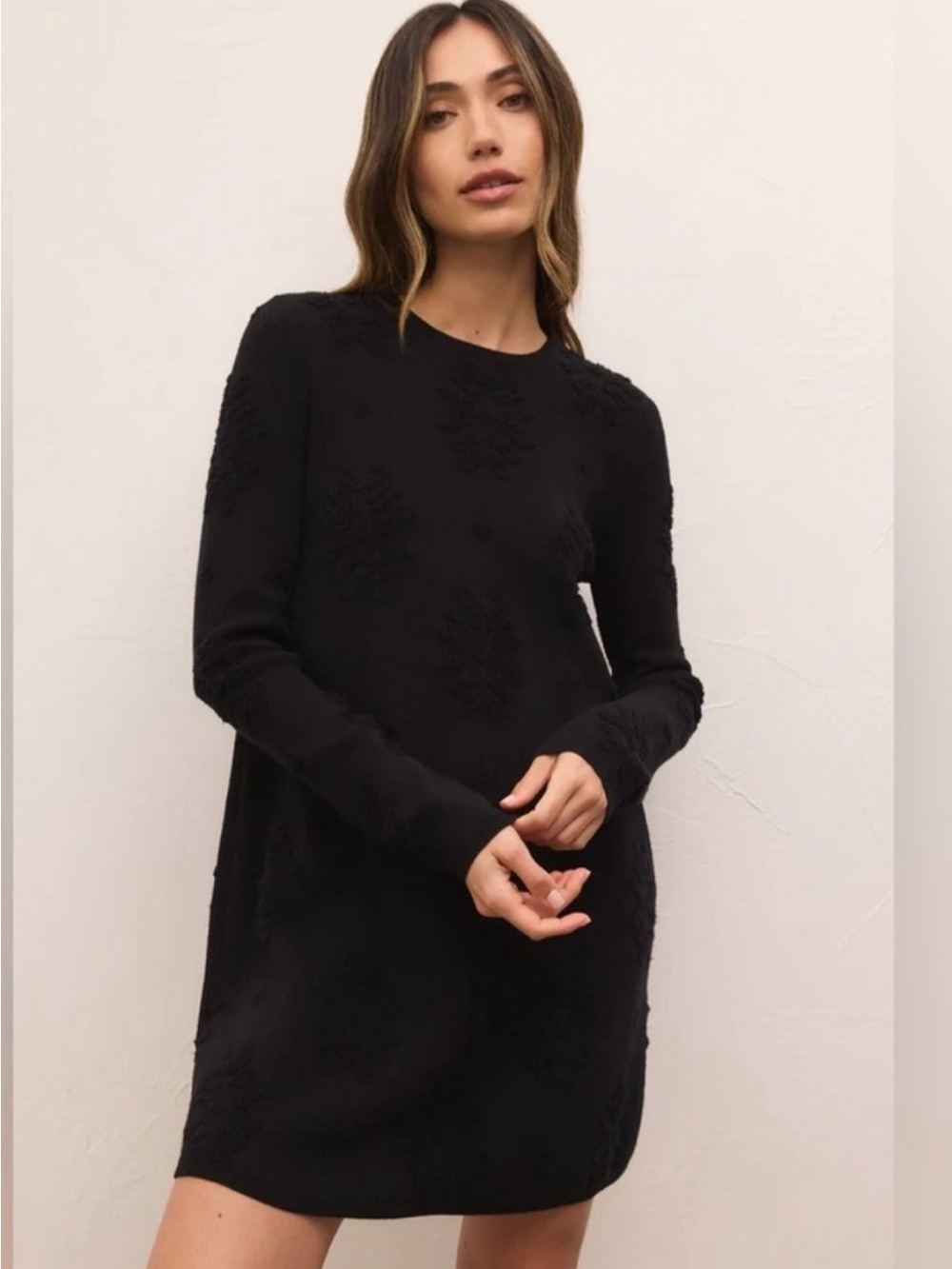 Z Supply Lena Black Long-Sleeve Crewneck Dress with textured jacquard details XS
